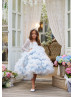 Long Sleeves Blue Sparkling Lace Tulle Ruffled Flower Girl Dress